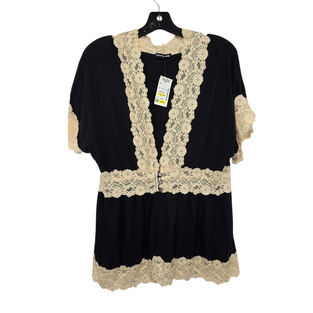 Vintage NEW 90s Y2K Lace Trim Babydoll Top Womens 1X Black Fairycore Whimsigoth